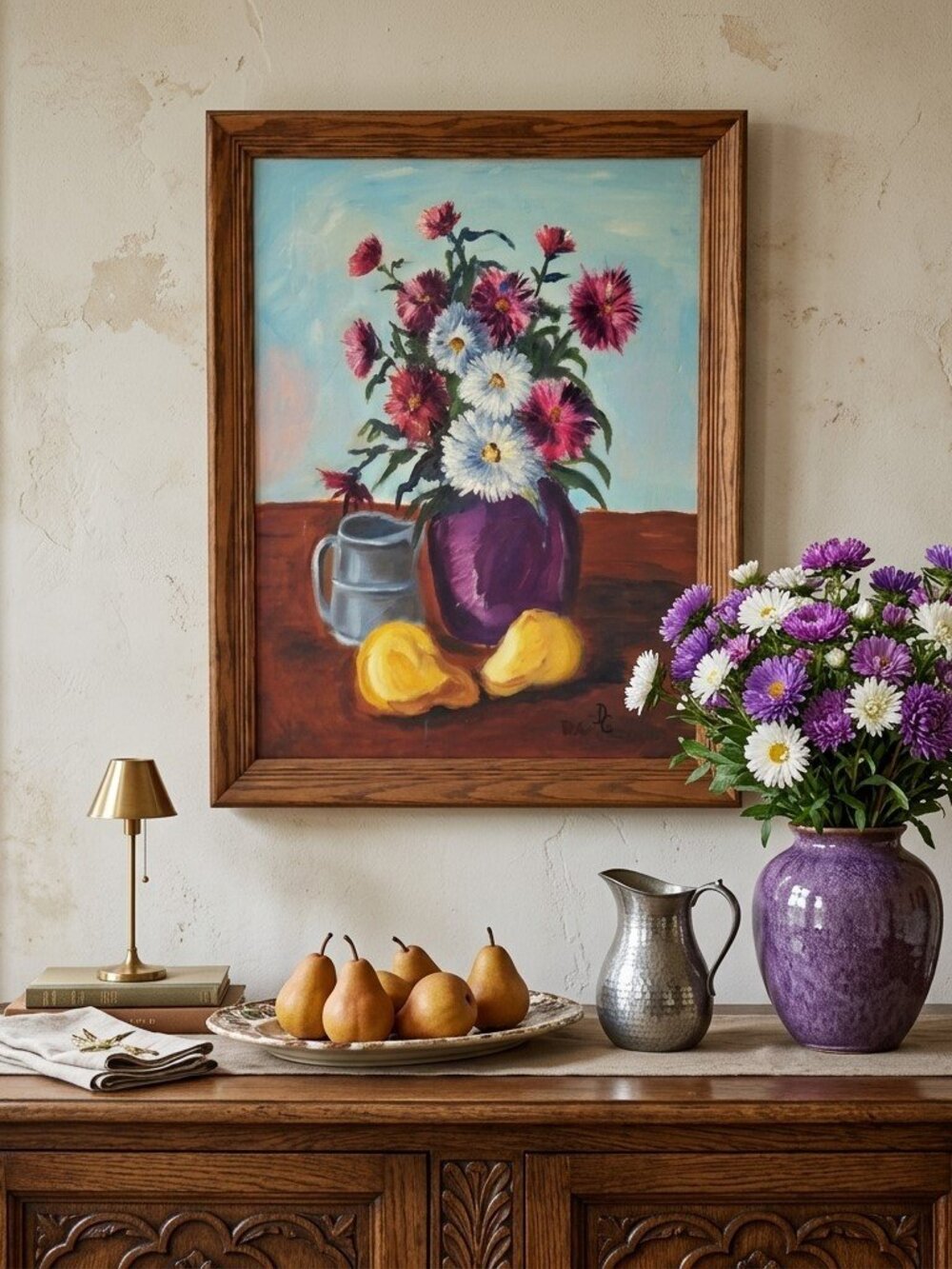 Vintage Signed D. Genereux Floral Still Life – Framed Oil on Canvas